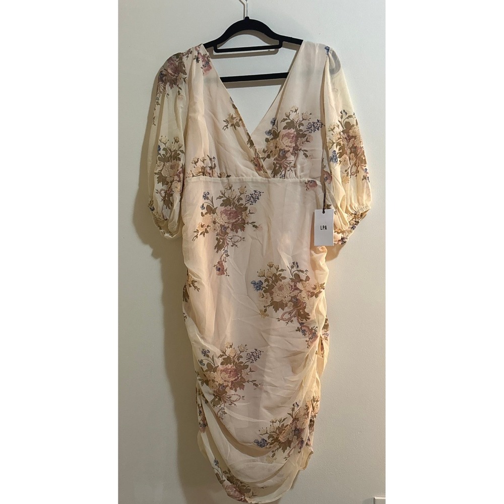 NWT LPA Floral Ruched Mini 694 Dress In Puff Sleeve In Blush Bouquet V-Neck XL - Picture 3 of 6